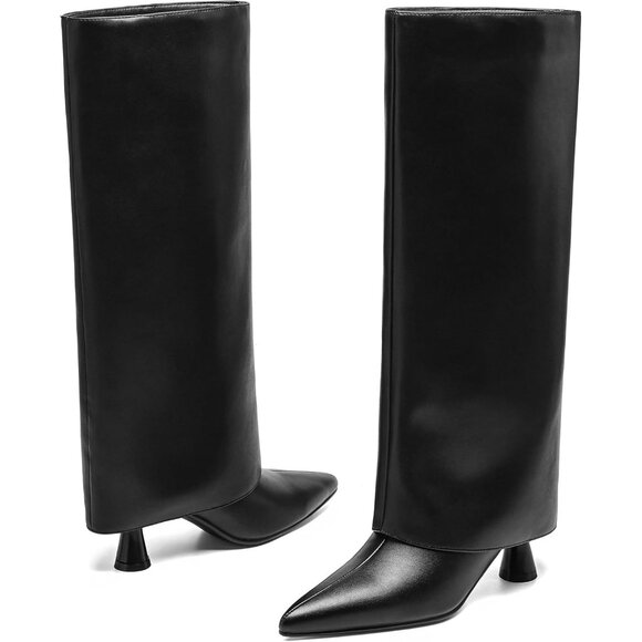 Women's Black  Leather Slouchy  Knee High Pointed Toe Folded Shark Stylish Boot - Picture 4 of 6
